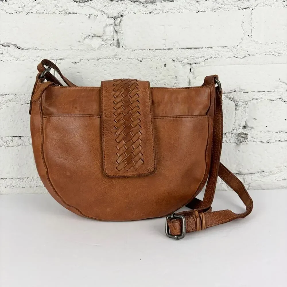 Vilenca Holland Brown Leather Woven Round Crossbody Bag Purse
